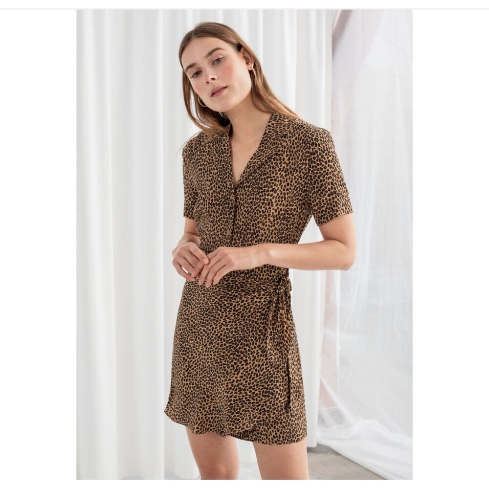& Other Stories Side Wrap Leopard Print Button Up Brown Mini Dress Size 2
